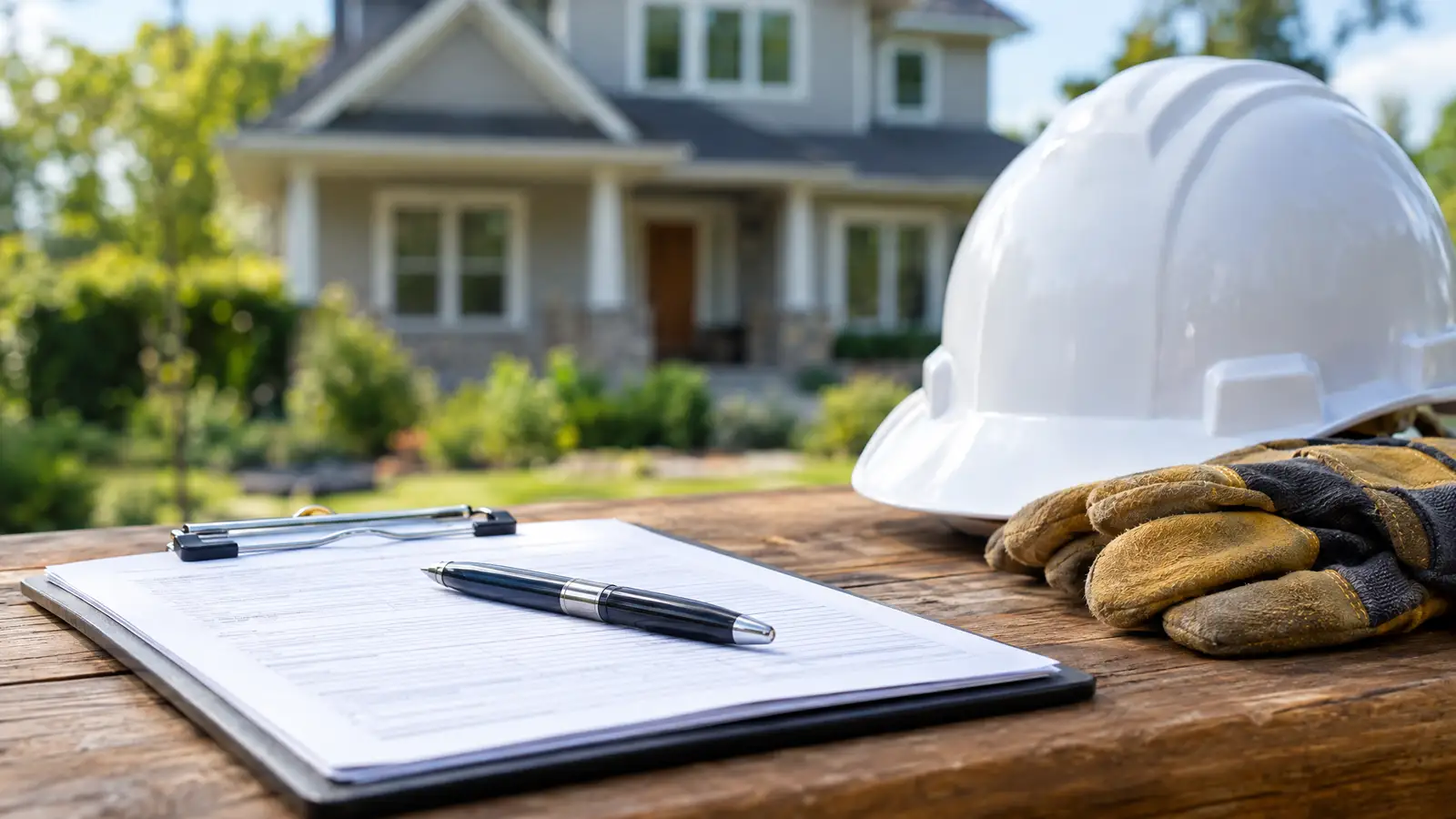 A signed agreement on a desk next to a hard hat